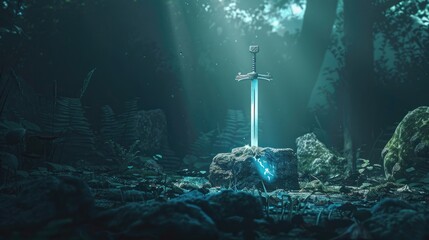 Excalibur sword glowing in a stone within a dark forest, mythical and magical scene
