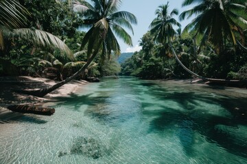 A serene tropical river cutting through a dense forest, with crystal-clear waters and lush greenery, encapsulating a peaceful moment in an unspoiled natural paradise.