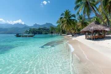 Fototapeta premium A pristine tropical beach with straw huts, crystal clear waters, and a boat in the distance, under a bright and sunny blue sky, offering an ultimate beach retreat.