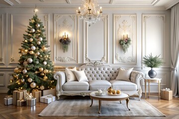 Christmas Home Interior with festive Christmas tree and gift boxes. Cozy living room with high window 