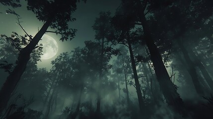 Fototapeta premium spooky moonlit foggy forest in night