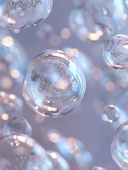 oil bubbles floating against a light background. The bubbles are semi-transparent with a reflective quality