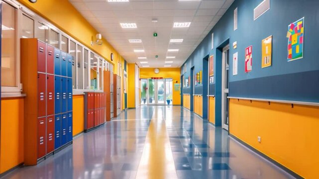 A wide shot of an empty school hallway with rows of lockers on one side and brightly colored walls on both sides.