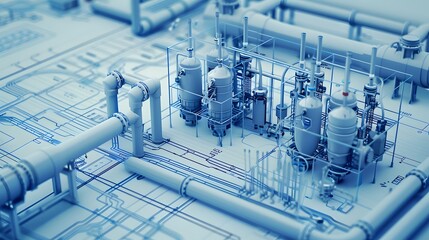 A blue and white drawing of a pipe system with a red valve. Concept of complexity and precision, as the various pipes and valves are intricately detailed
