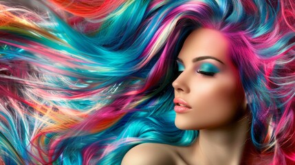 A woman with long, colorful hair is shown with a bright blue