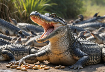 Obraz premium A photo of a crocodile basking in the sun with a flock of birds picking food from its teeth. 