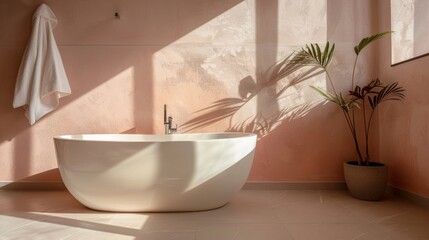 Fototapeta premium Minimalist bathroom with sunlight and plant