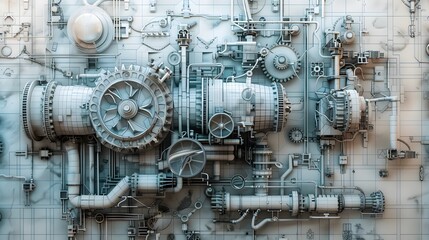 A drawing of a machine with a lot of gears and bolts. The drawing is very detailed and it looks like it could be a blueprint for a machine. Scene is serious and focused