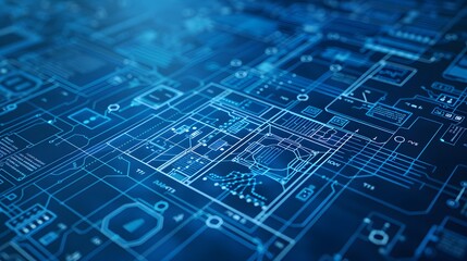 A blue and white image of a city with buildings and wires. The image is of a computer generated cityscape