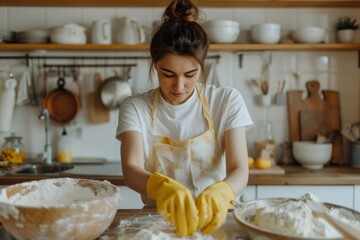 A woman with a messy bun and yellow gloves kneads dough in a kitchen, surrounded by baking ingredients and bowls, capturing a moment of home baking.
