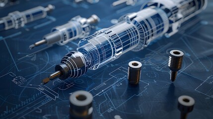 A blue drawing of a medical device with a needle and a syringe. The drawing is of a medical device that is used to inject medicine into the body. The drawing is very detailed