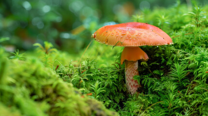 Red-capped mushroom nestled amidst verdant moss on the woodland floor