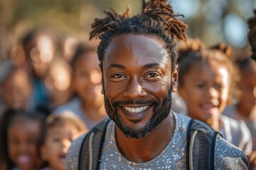Smiling Man With Dreadlocks Surrounded by Children During a Daytime Event