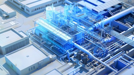 A blue and white image of a factory with pipes and tanks. Concept of industrialization and technological advancement