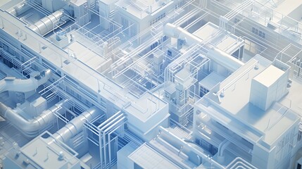 Obraz premium A blue and white image of a city with many buildings and pipes. The image has a futuristic and industrial feel to it