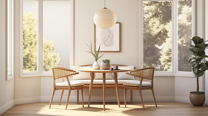 Elegant Dining Area with Curved Seating and Wooden Round Table
