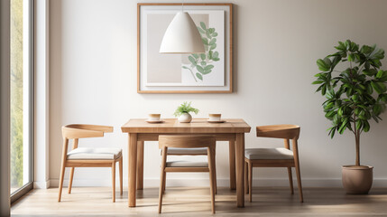 Fototapeta premium Minimalist Wooden Dining Table Set with Modern Art and Indoor Plant