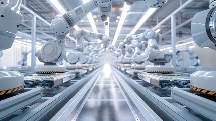 A robot factory with many robots working on a conveyor belt. The robots are all white and are working together to create something. Scene is one of efficiency and productivity