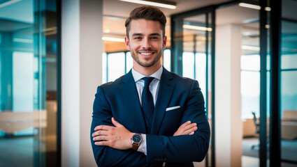 Fototapeta premium A man in a navy suit stands with his arms crossed, looking directly at the camera with a smile