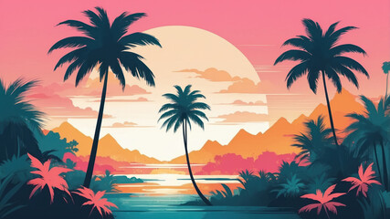 A vibrant sunset with a large, round sun casts warm light on a tropical landscape with mountains, palm trees, and a small body of water