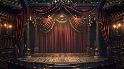 Theatre set design with intricate details, moody lighting, realistic studio setting, highresolution background