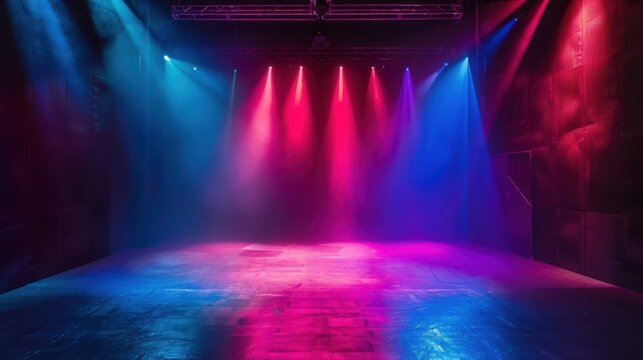 Theatre stage with vibrant lighting, abstract background, realistic studio setup, high contrast, dramatic effect