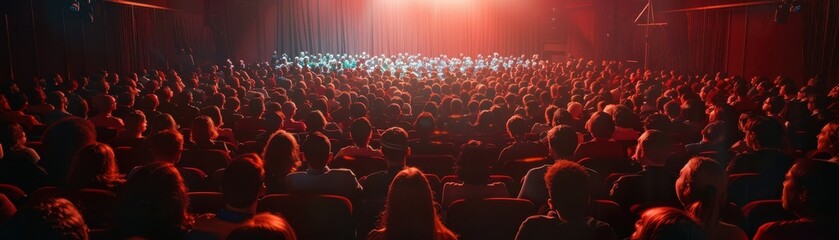Dimly lit theatre audience, focused view, realistic studio lighting, highresolution background