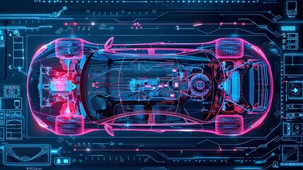 Obraz premium A car is shown in a blue and white color scheme with a lot of detail. The car is a model of a car that is being designed