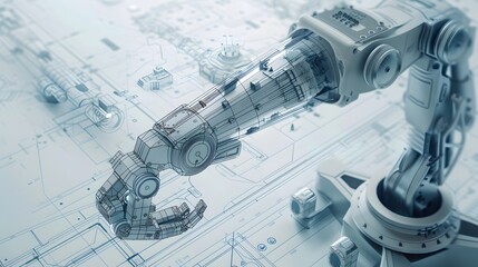 A robot arm is shown in a white background with a blue and red design. The robot arm is in the middle of the image and is surrounded by a lot of other objects