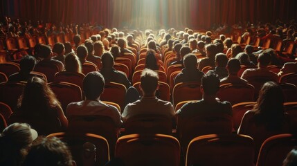 Theatre audience with concentrated expressions, dim ambiance, realistic studio setting, high detail