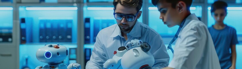 Computer science teacher and students building a robot, tech lab, 3D rendering, blue hues, highly detailed