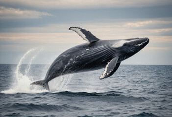 Fototapeta premium A humpback whale breaching out of the water in a dramatic ocean scene. 