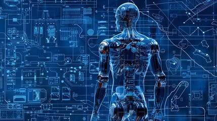A 3D model of a human head with a robotic face. The head is surrounded by a white background