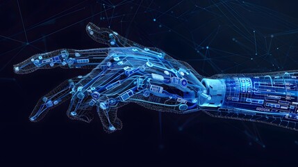 A robotic hand is shown on a piece of paper with a drawing of a human arm. The hand is made of plastic and is very detailed. Concept of technology and innovation