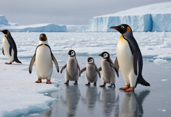 Fototapeta premium A family of penguins waddling across the icy Antarctic landscape. 