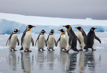 Obraz premium A family of penguins waddling across the icy Antarctic landscape. 