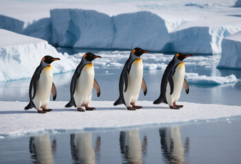 Obraz premium A family of penguins waddling across the icy Antarctic landscape. 