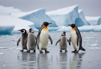Fototapeta premium A family of penguins waddling across the icy Antarctic landscape. 