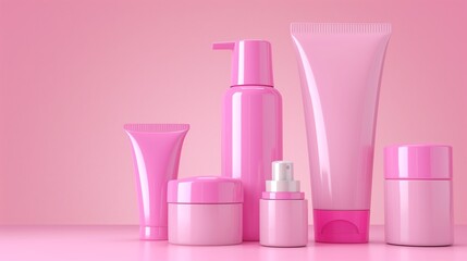 A row of pink beauty products including a bottle of perfume and a bottle of lotion. The products are arranged on a table and the overall mood of the image is one of beauty and luxury