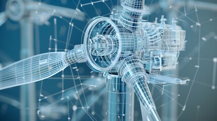 A blue and white drawing of a futuristic airplane with a large propeller. The drawing is very detailed and gives the impression of a futuristic design