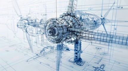 A blue and white drawing of a futuristic airplane with a large propeller. The drawing is very detailed and gives the impression of a futuristic design