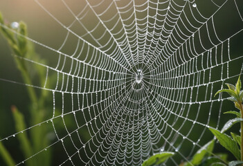 Fototapeta premium A photorealistic image of a spider web with dewdrops glistening on its intricate threads. 