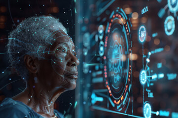 Futuristic Elderly Woman Analyzing Digital Interface at Night