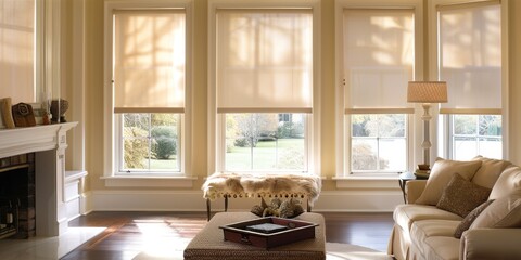 Fototapeta premium Luxurious Modern Interior with Smart Shading Solutions: Automated Solar Blinds, Motorized Blackout Curtains, and Wooden Wall Panels. High-Tech Home Design featuring Electric Roller Shades, Relaxation 