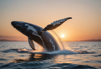 Fototapeta premium A photo of a majestic whale breaching out of the water at sunset. 