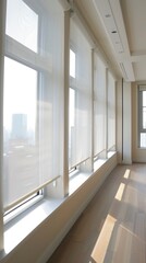 Fototapeta premium Luxurious Modern Interior with Smart Shading Solutions: Automated Solar Blinds, Motorized Blackout Curtains, and Wooden Wall Panels. High-Tech Home Design featuring Electric Roller Shades, Relaxation 