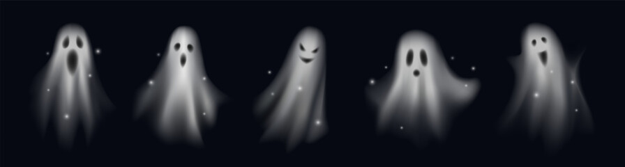 Set of Realistic Halloween ghosts. Scary silhouettes of translucent phantoms and monsters flying in air. Foggy figures with spooky faces. 3D vector illustration collection isolated on black background