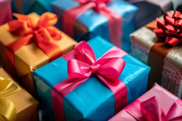 Obraz premium Colorful and elegant gift boxes with satin ribbons