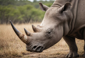 Obraz premium A close-up of a majestic rhino with its horn, highlighting the threat of poaching. (Raise awareness about endangered species) 