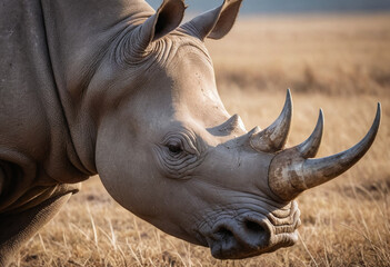 Fototapeta premium A close-up of a majestic rhino with its horn, highlighting the threat of poaching. (Raise awareness about endangered species) 